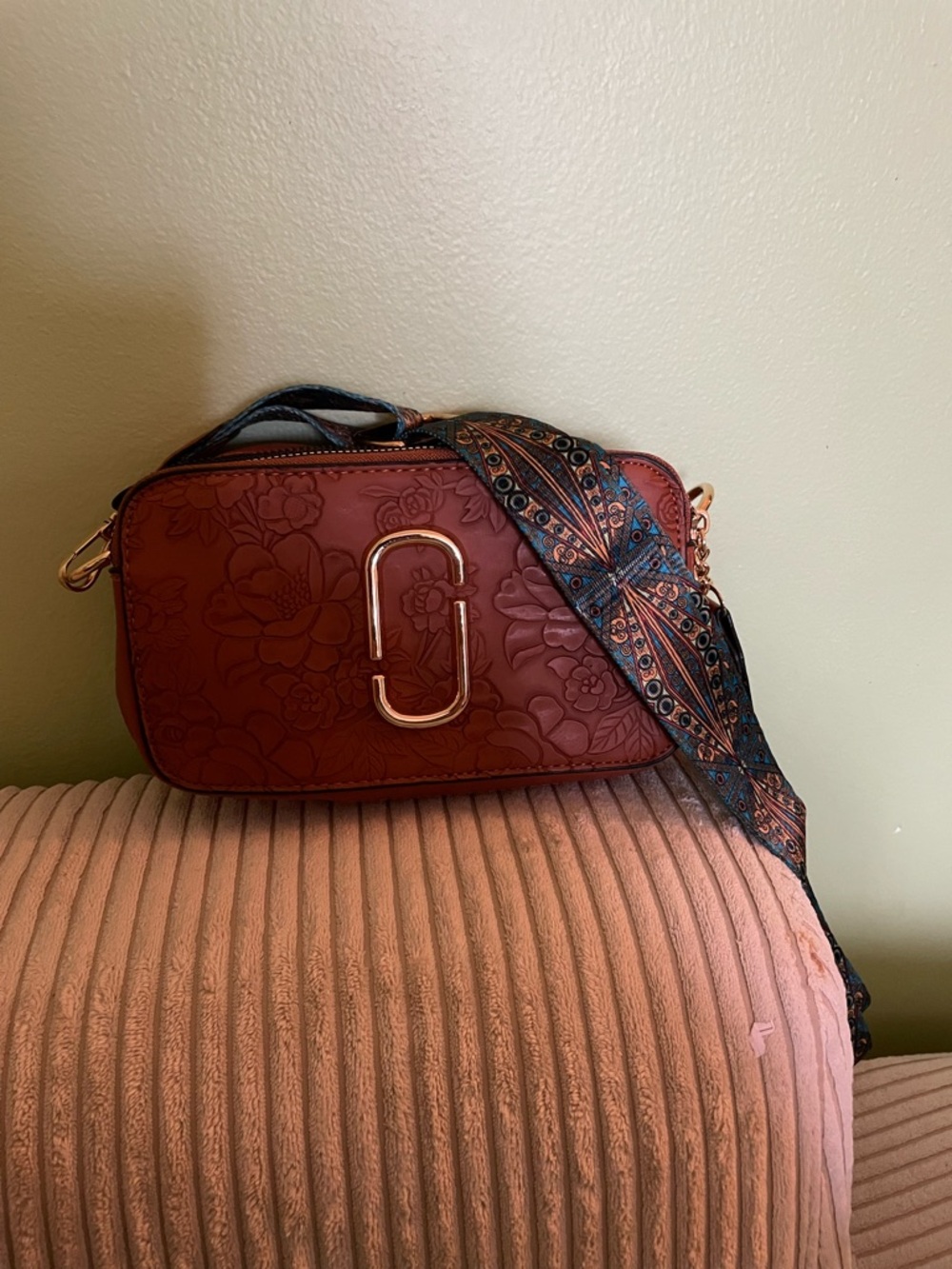 Leather Crossbody Camera Bag with Floral Embossing